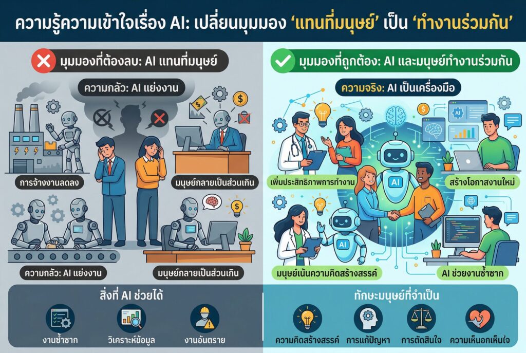 ความรู้ความเข้าใจ AI, ทำงานร่วมกับ AI, เทคโนโลยี AI, โมเดลครึ่งคนครึ่งม้า, แทนที่มนุษย์
