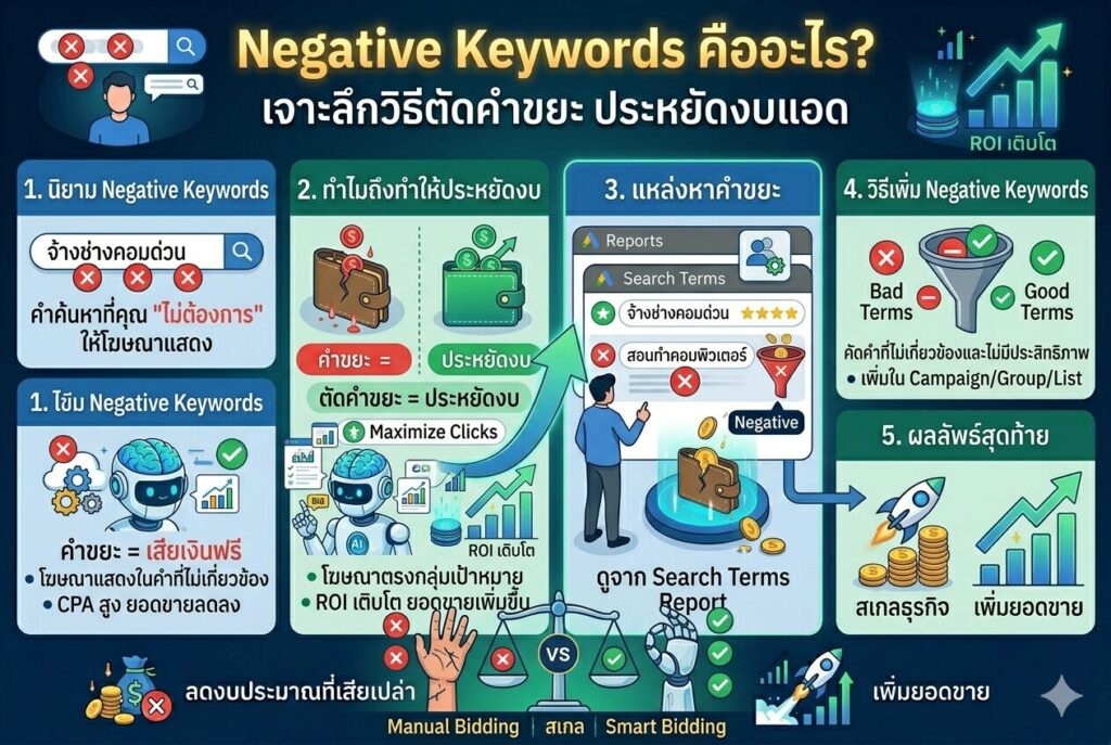 Negative Keywords คืออะไร, วิธีตัดคำขยะ, โฆษณา Google Ads, การตลาดออนไลน์, เพิ่มยอดขาย
