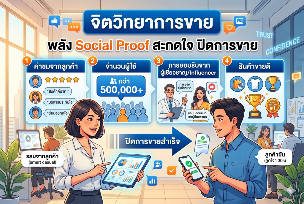 จิตวิทยาการขาย, Social Proof, รีวิวลูกค้า, ปิดการขาย, เพิ่มยอดขาย