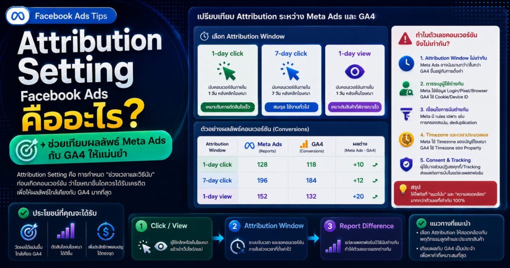 Attribution Setting Facebook Ads, Facebook Ads Conversion, GA4, 7-day click, 1-day view