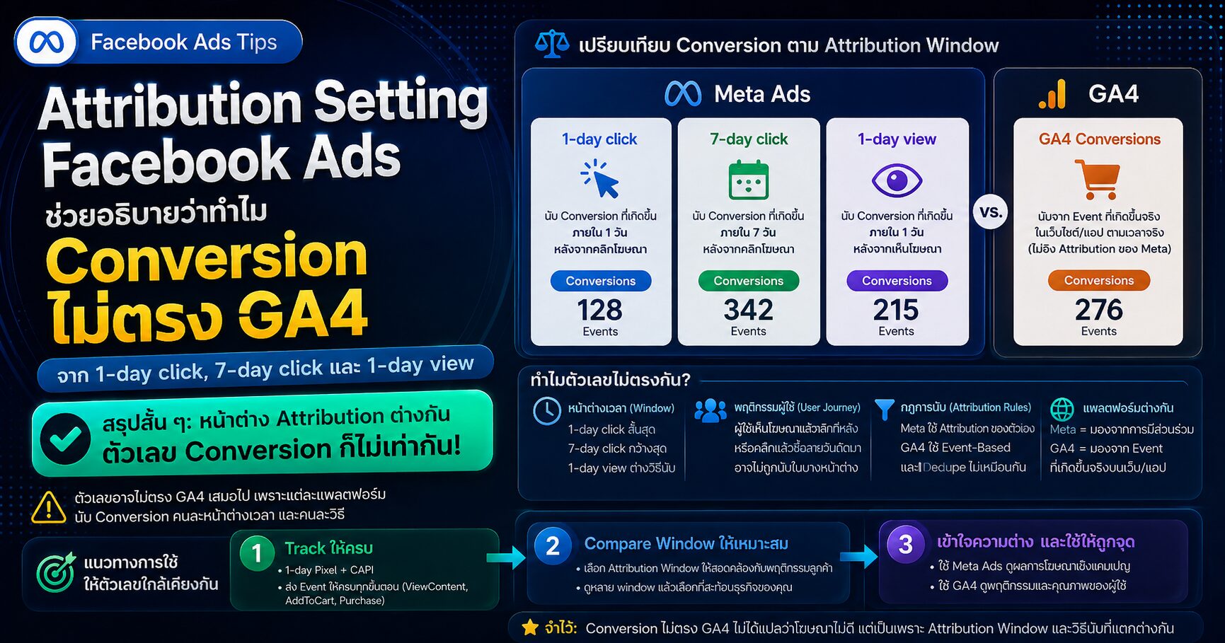 Attribution Setting Facebook Ads Facebook Ads Conversion GA4 7-day click 1-day view และ Compare Attribution Settings